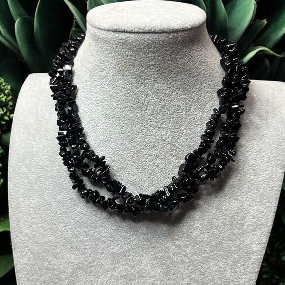 Handcrafted Elegant Genuine OBSIDIAN Chips bead Necklace Triple Strand 18” - Picture 2 of 5